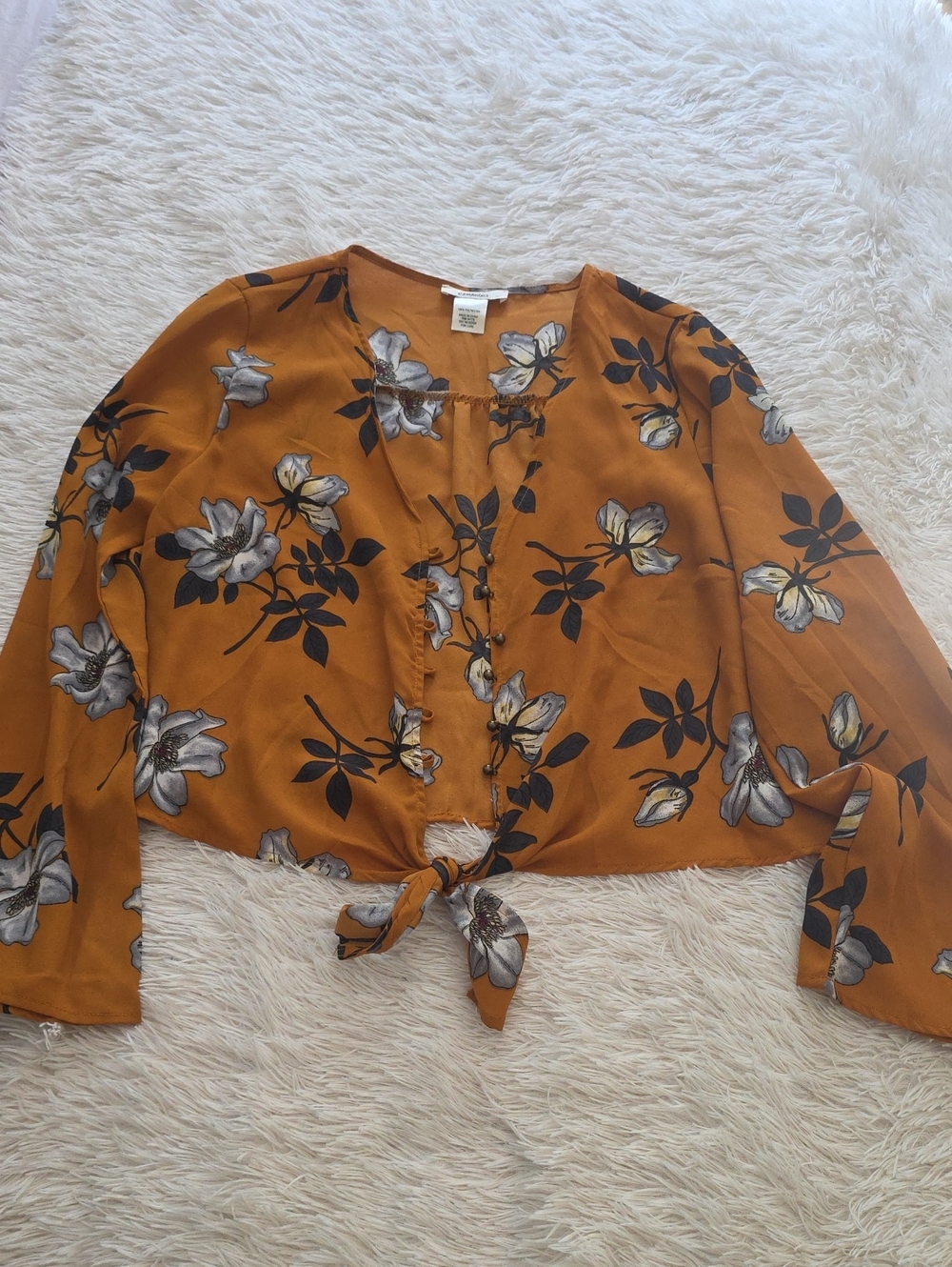 Floral Tie-Front Blouse - Mustard